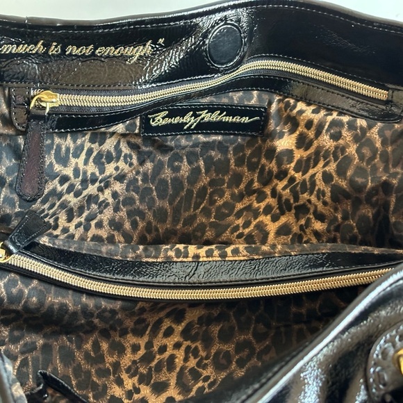 Beverly Feldman Black Patent Leather Large Handbag with Animal Print Interior‎ - Picture 11 of 15